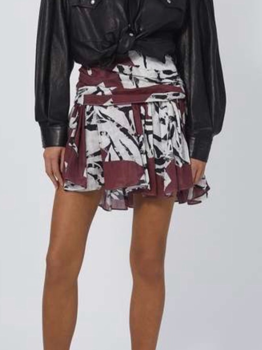 IRO Paris Hernan Printed Ruffle Skort Burgundy Black FR 42 US 10